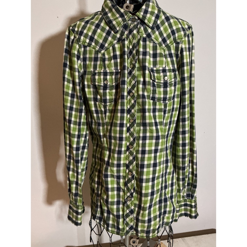 Old Navy Womens‎ Green Plaid Pearl Snap Western Shirt Long Sleeve Cotton Large